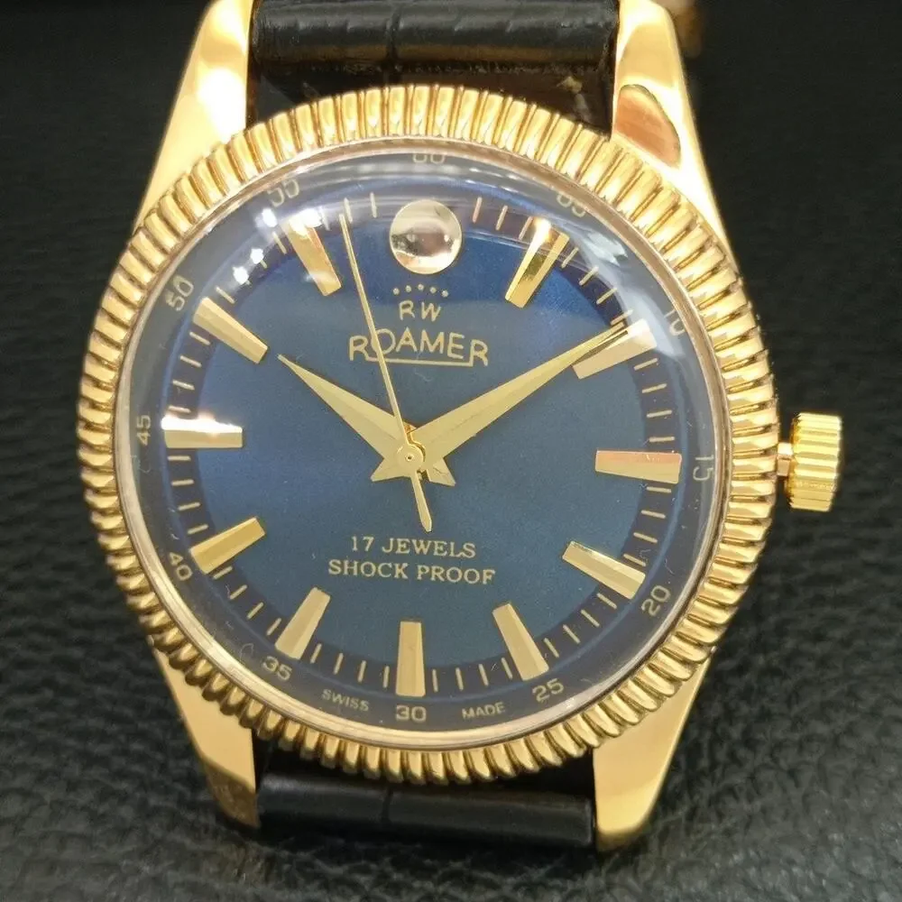 Vintage 1974 Roamer Manual Mens Gold Watch W/Leather Strap & Blue accents
